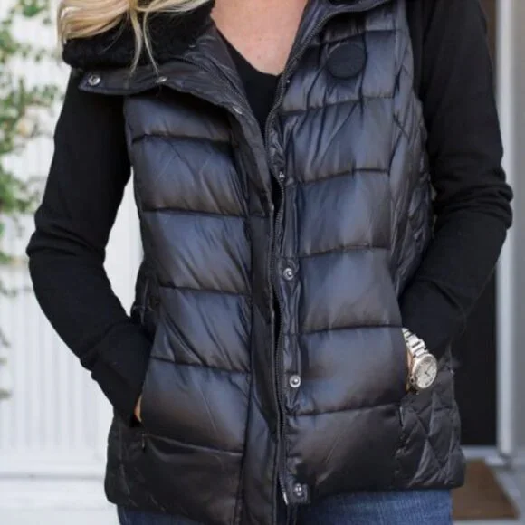 UGG Cobalt Blue Puffer Vest with Black Shearling Collar - Women's L